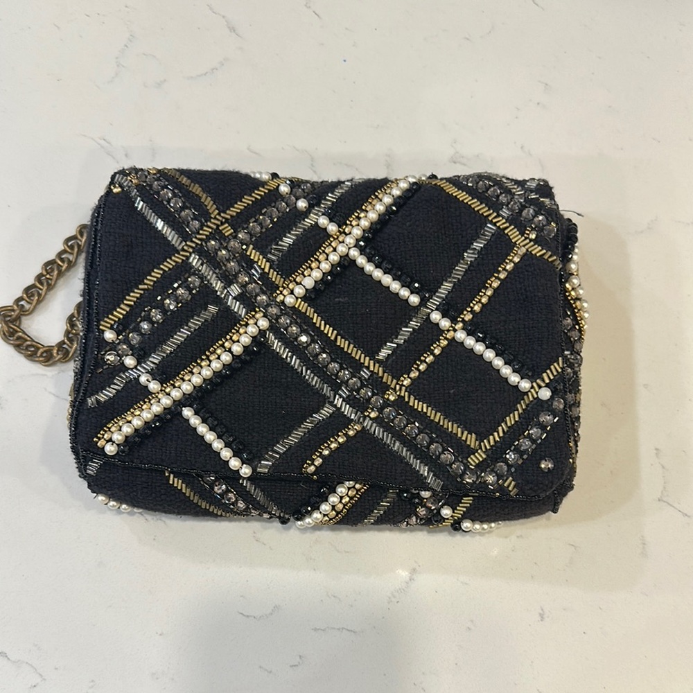 Black and Gold Geometric Clutch with Chain Strap
